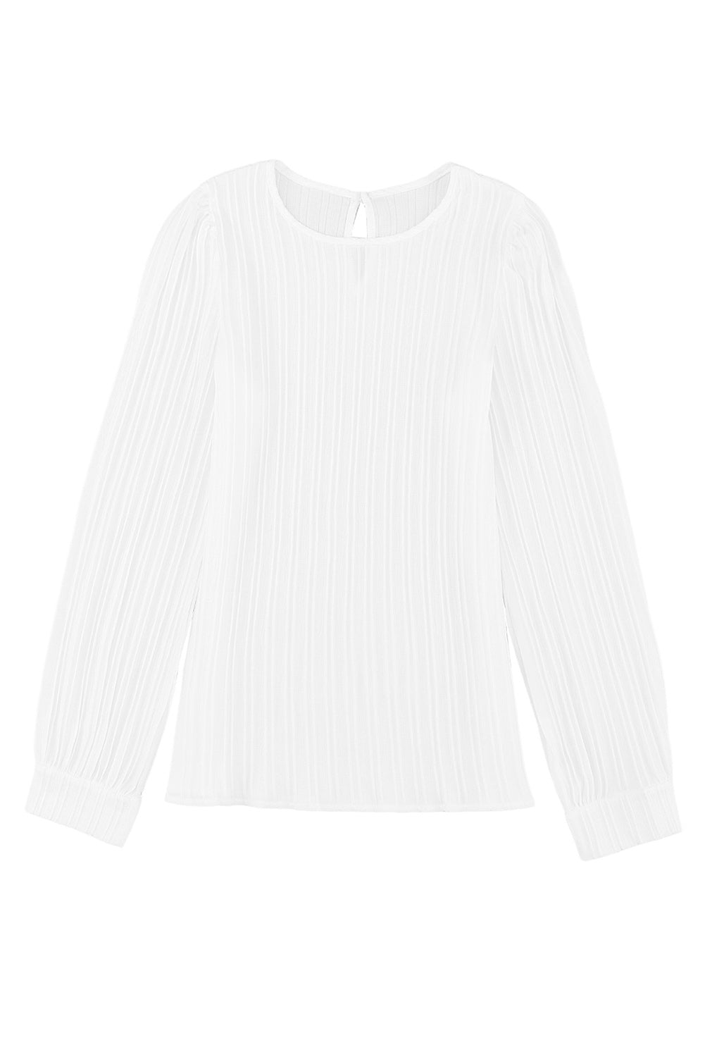 White Ribbed Crewneck Puff Long Sleeve Top