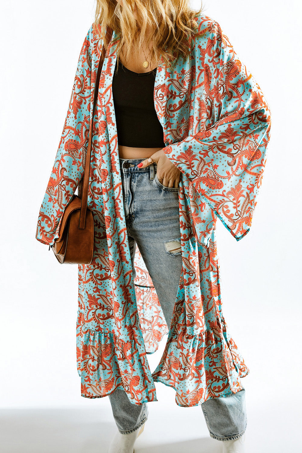 Sky Blue Boho Retro Floral Print Long Sleeve Oversized Kimono