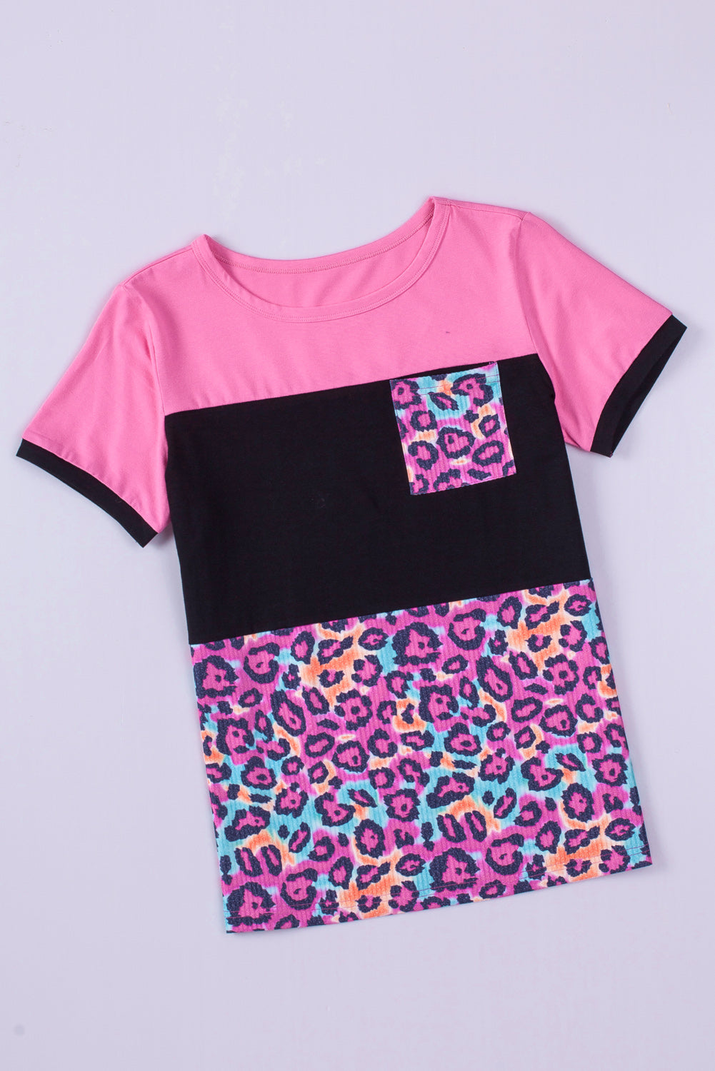 Rose Leopard Print Color Block Textured T-shirt