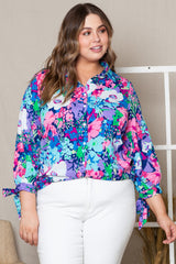 Multicolor Plus Size Floral Knotted Long Sleeve Shirt