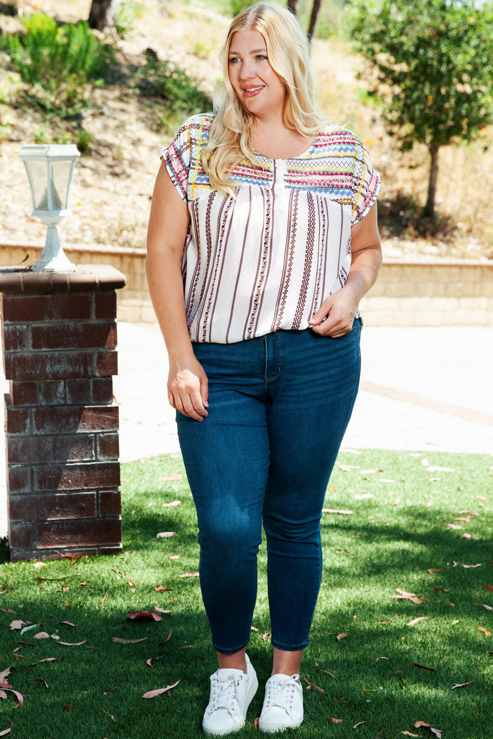 Multicolor Plus Size Boho Floral Striped Print Blouse