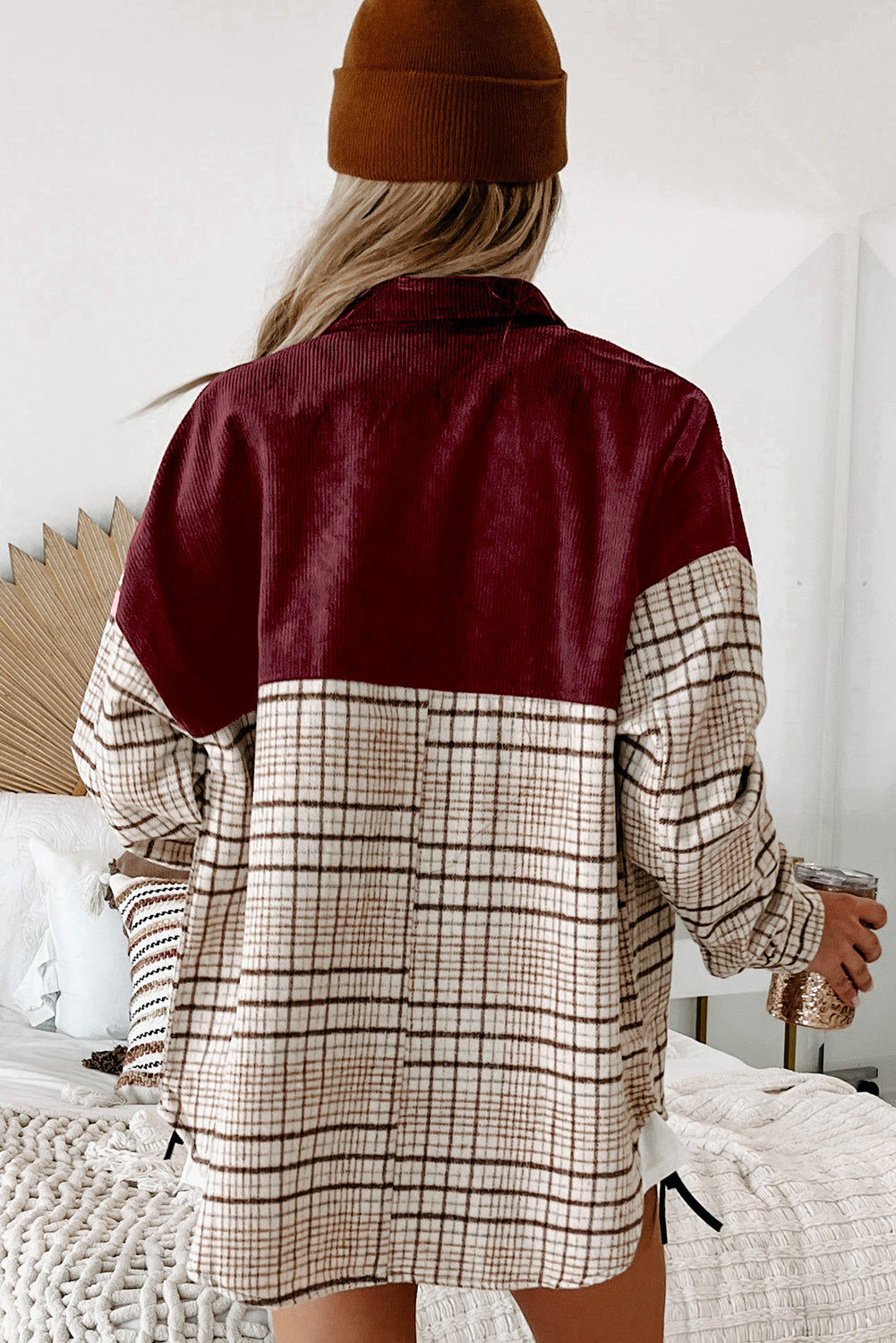 Brown Plaid Patchwork Button-up Shift Shirt Jacket