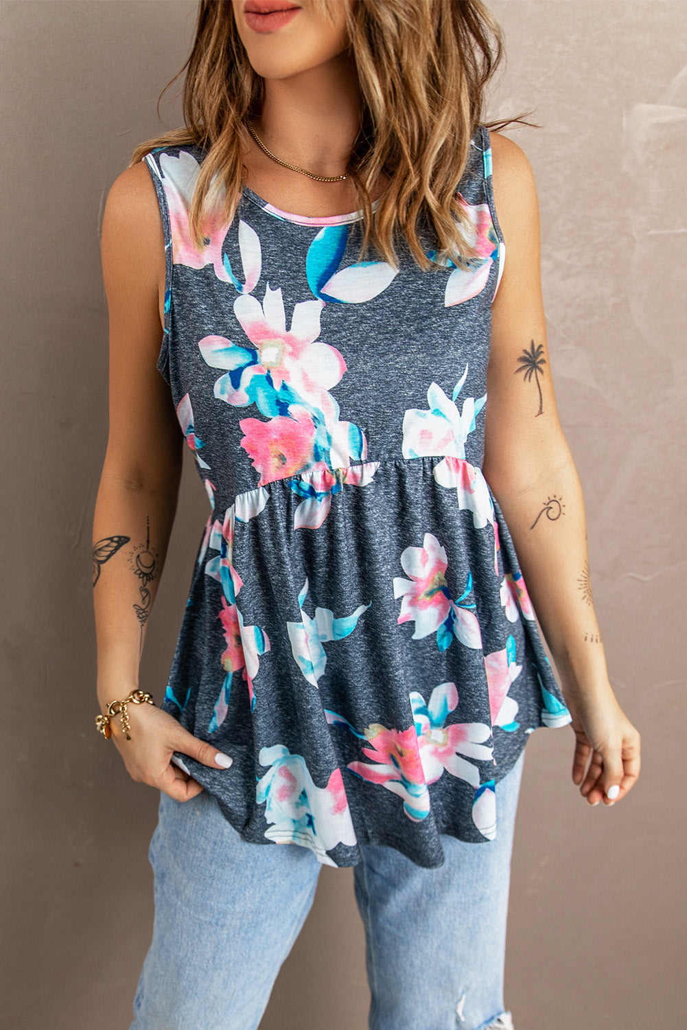 Gray Flowy Blooms Babydoll Tank Top