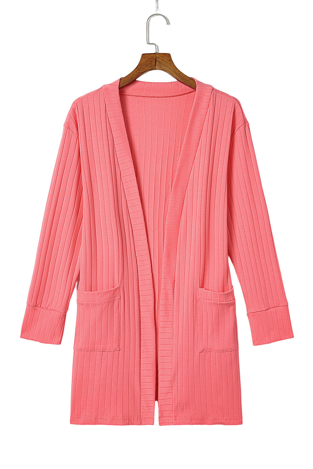 Pink Open Front Pocketed Knit Cardigan