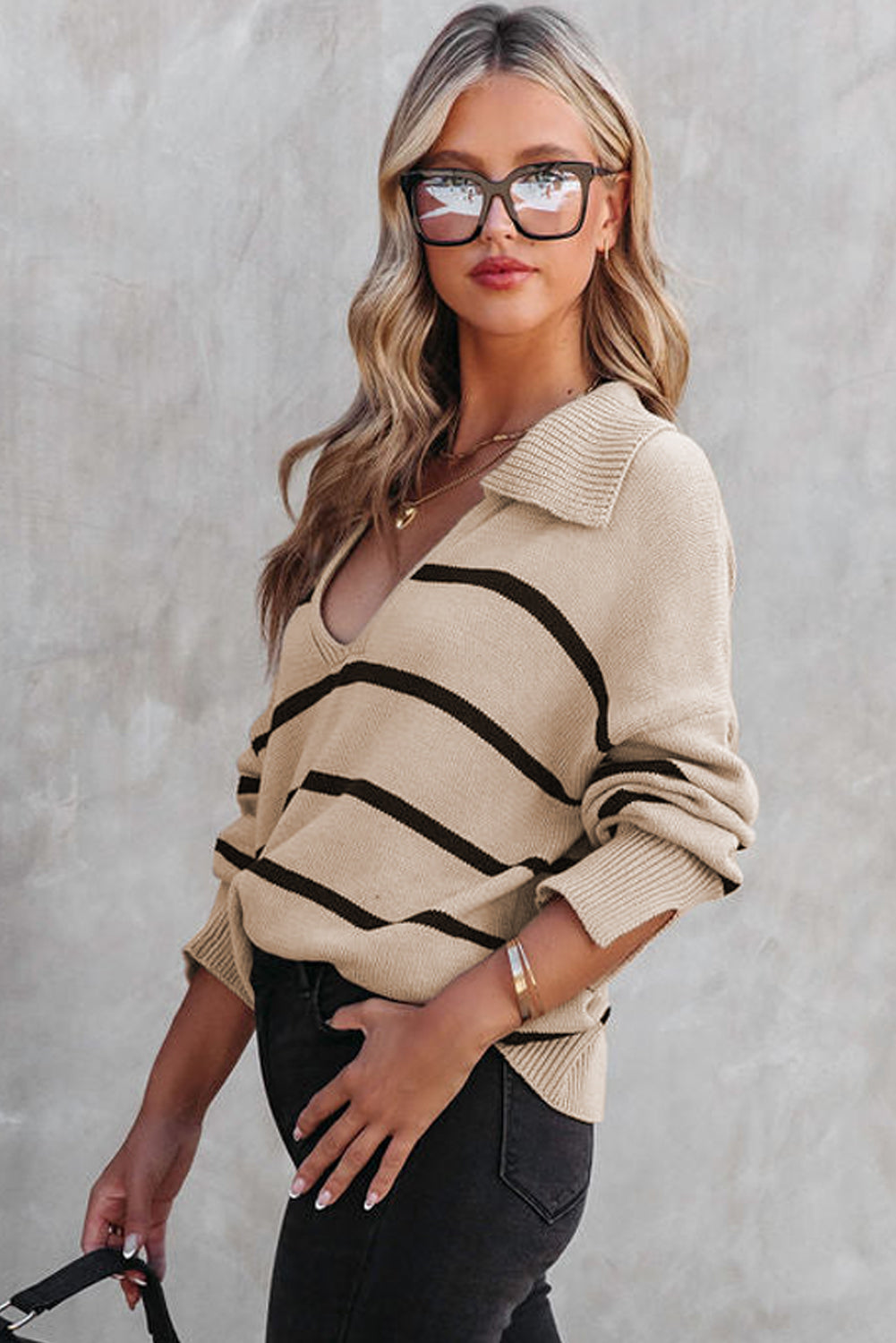 Khaki Striped Knit Collared Pullover Sweater