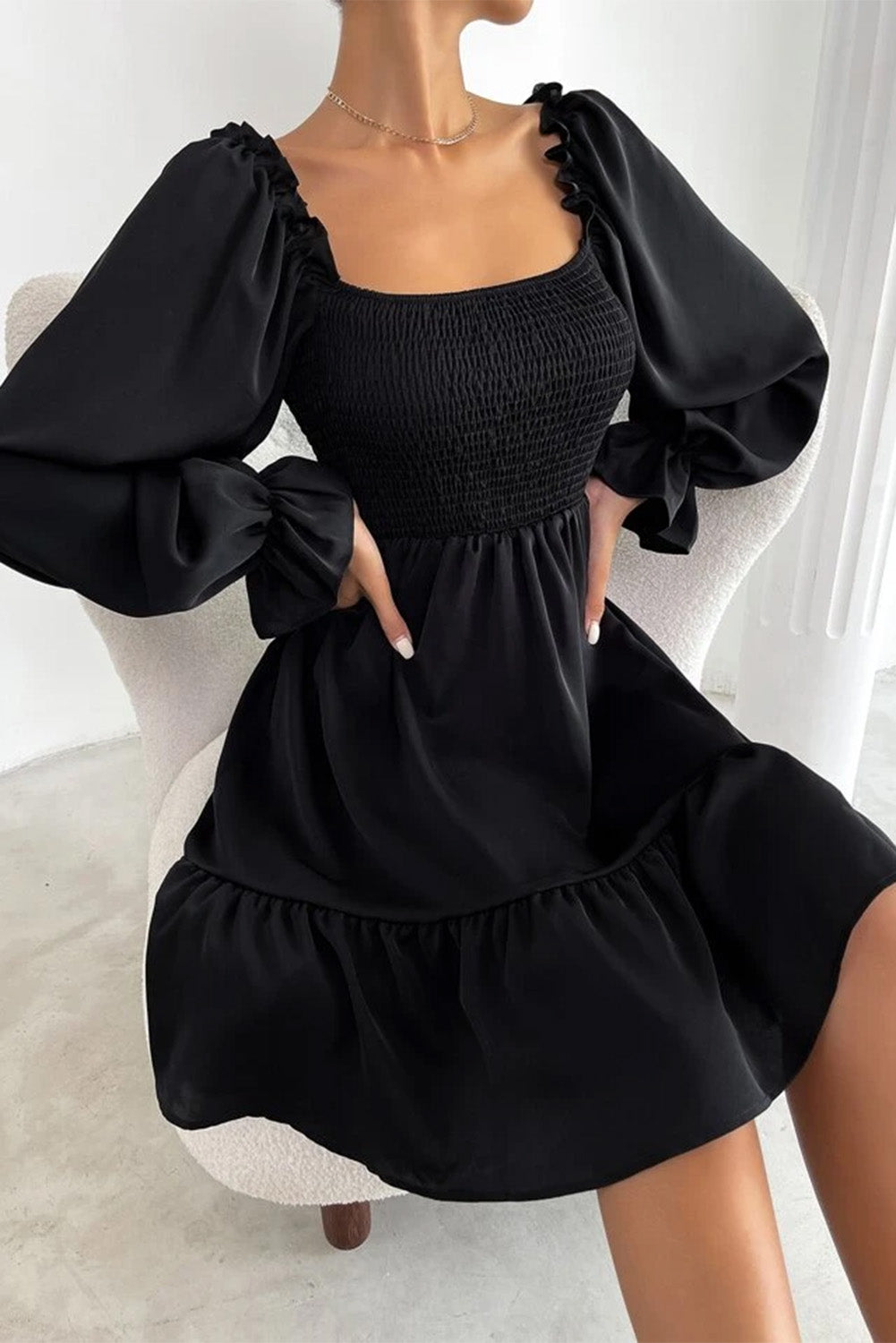 Biking Red Smocked Puff Sleeve Ruffle Mini Dress
