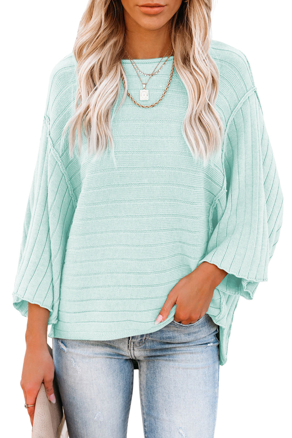 Black Exposed Seam Ribbed Knit Dolman Top