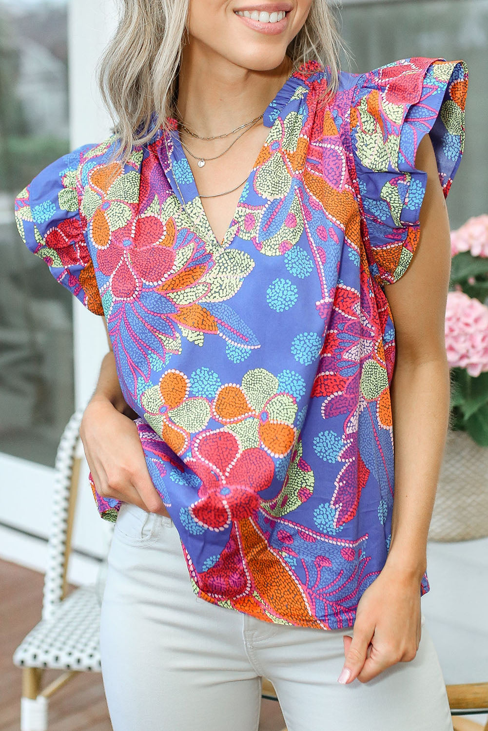 Blue Split V Neck Flutter Floral Top