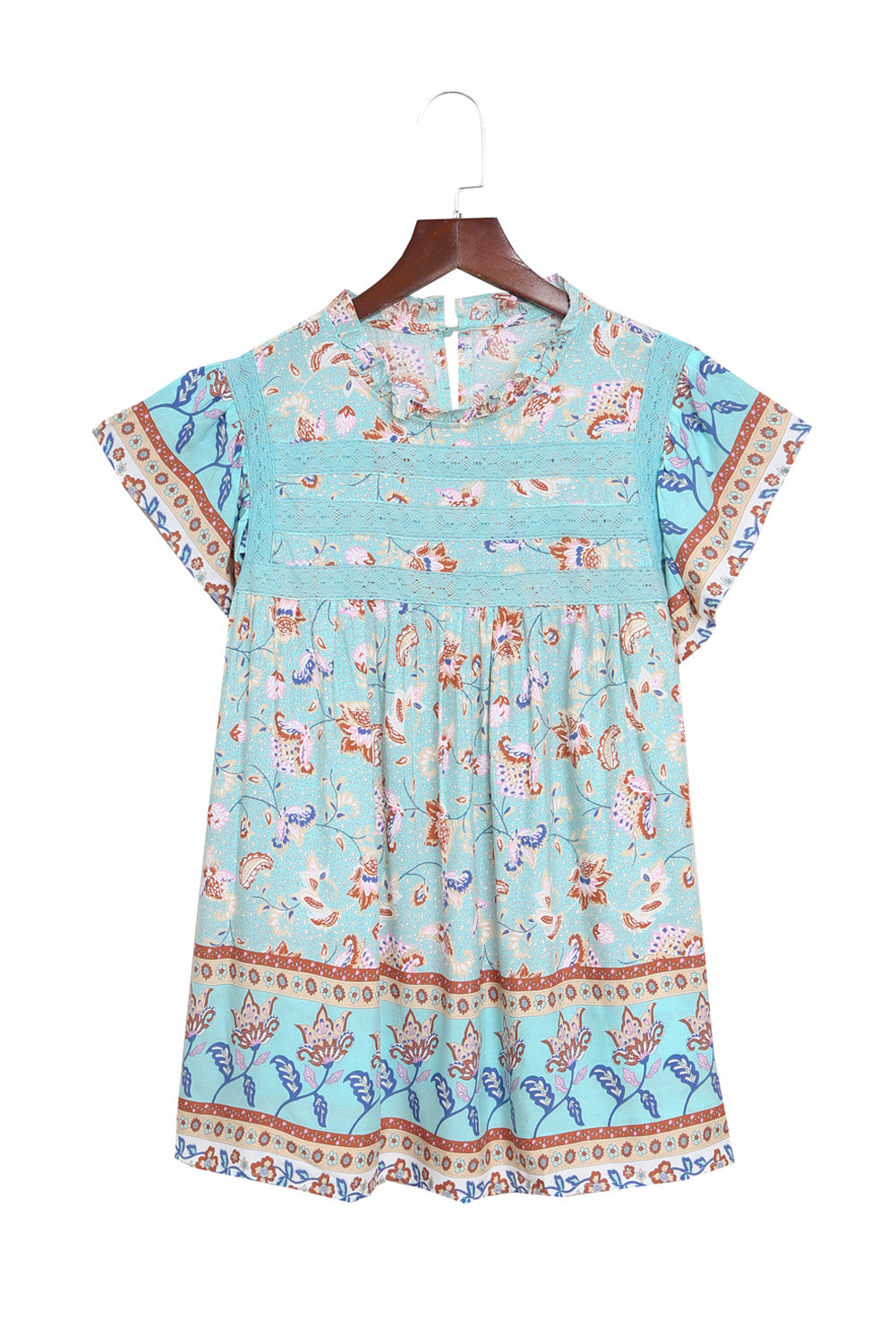 Sky Blue Floral Print Ruffled Crew Neck Sleeveless Top