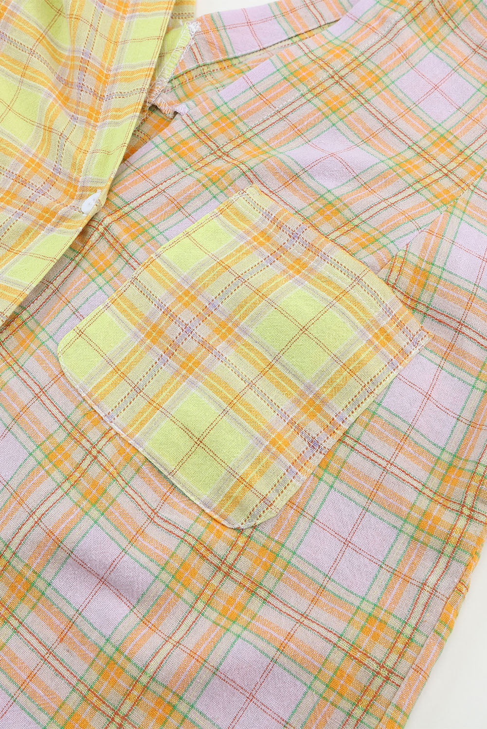 Yellow Mixed Plaid Long Sleeve V Neck Buttoned Shirt