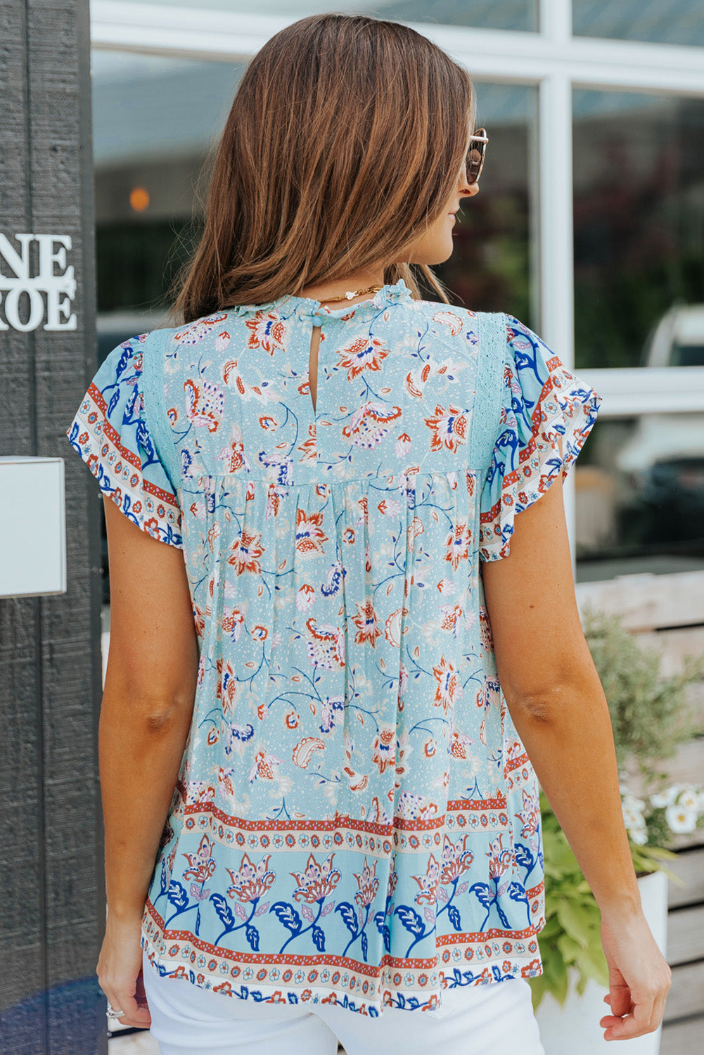 Sky Blue Floral Print Ruffled Crew Neck Sleeveless Top