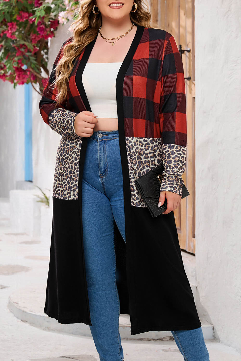 Red Buffalo Plaid Leopard Colorblock Plus Size Duster Cardigan