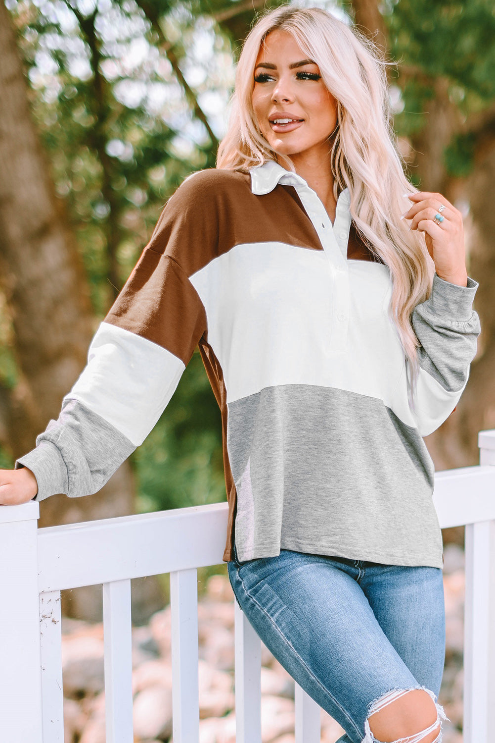 Brown Turn-down Collar Colorblock Pullover Sweatshirt