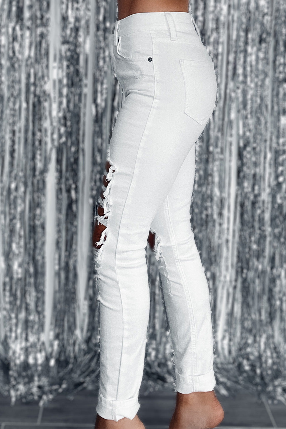 White Distressed Ripped Holes High Waist Skinny Jeans