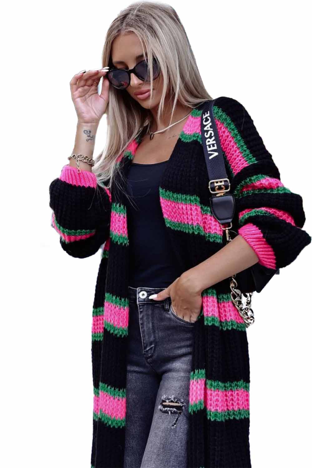 Black Drop Shoulder Color Block Knitted Duster Cardigan