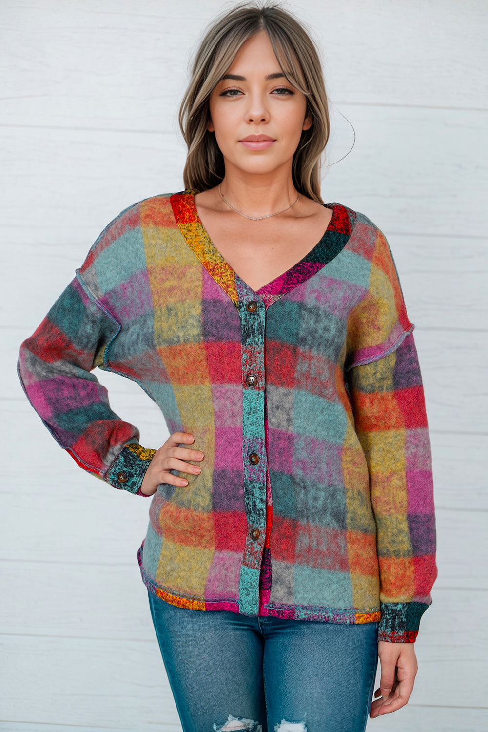 Multicolor Brushed Checked Western Buttoned Jacket