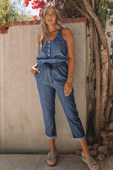 Blue High Waist Buttons Sleeveless Denim Romper