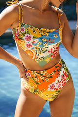 Multicolor Floral Print Overlap Bikini High Waist Swimsuit