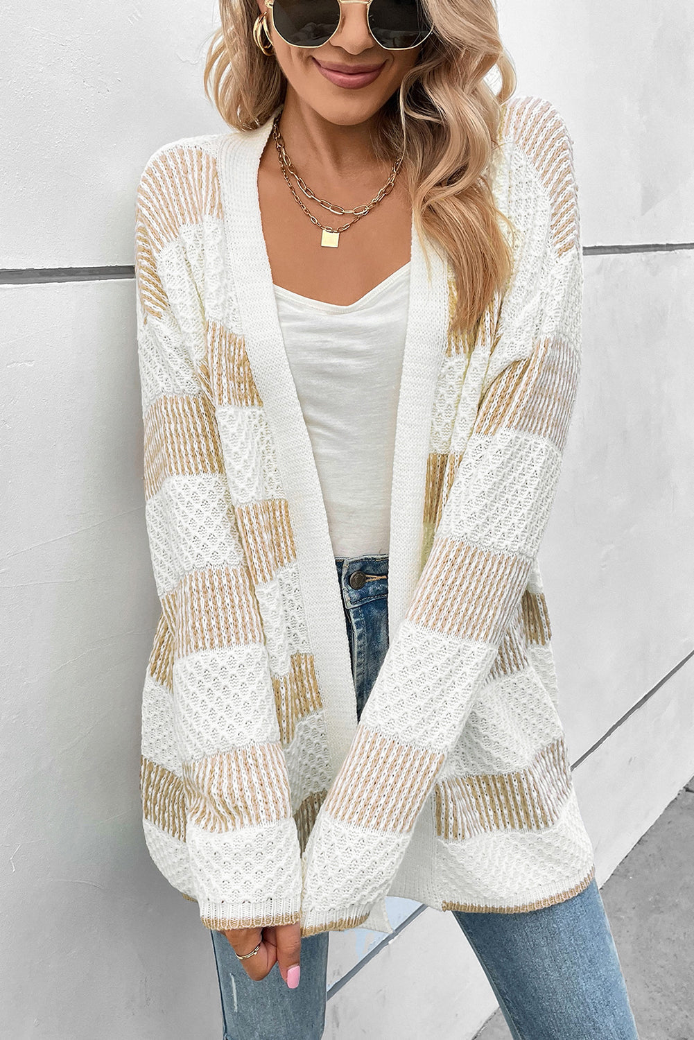 Beige Textured Stripe Pattern Drop Shoulder Duster Cardigan