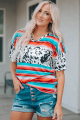 Western Serape Cow Color Block V Neck Top