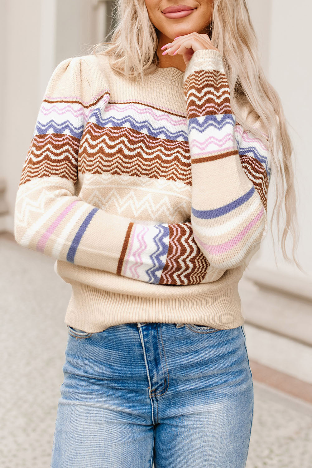 Khaki Geometric Print Knitted Long Sleeve Sweater
