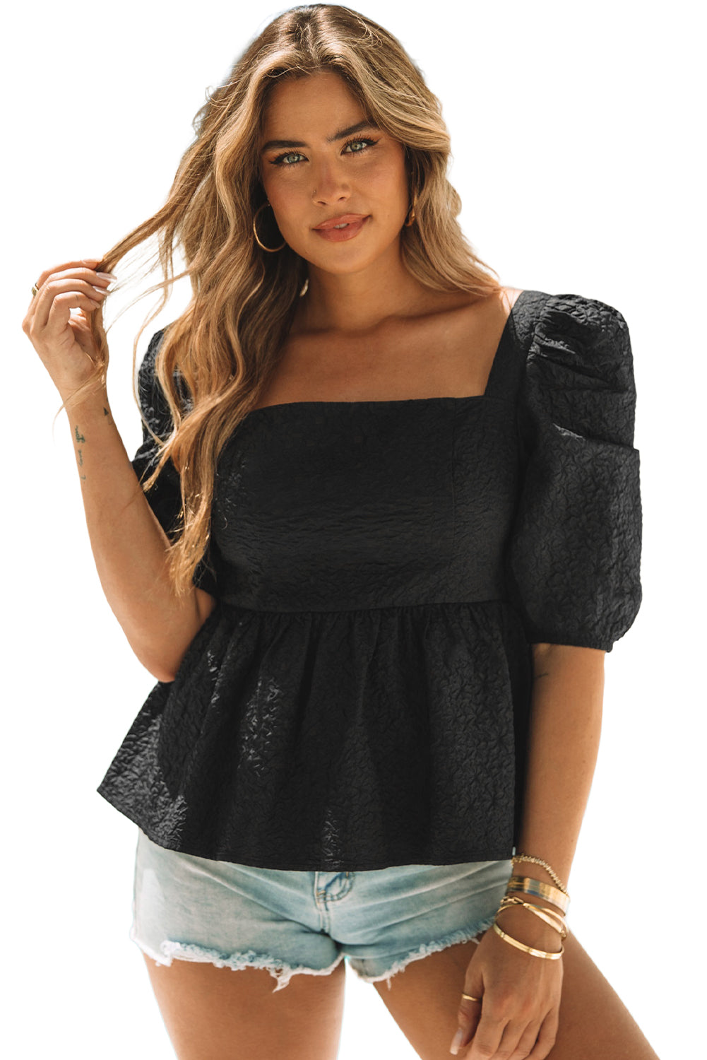 Black Textured Square Neck Puff Sleeve Peplum Blouse