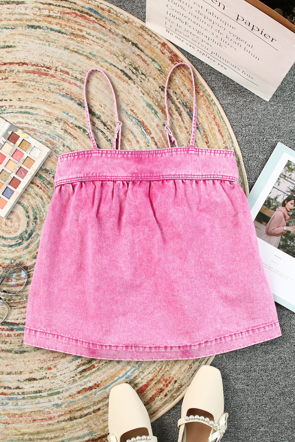 Pink Mineral Wash Denim Smocked Tank Top