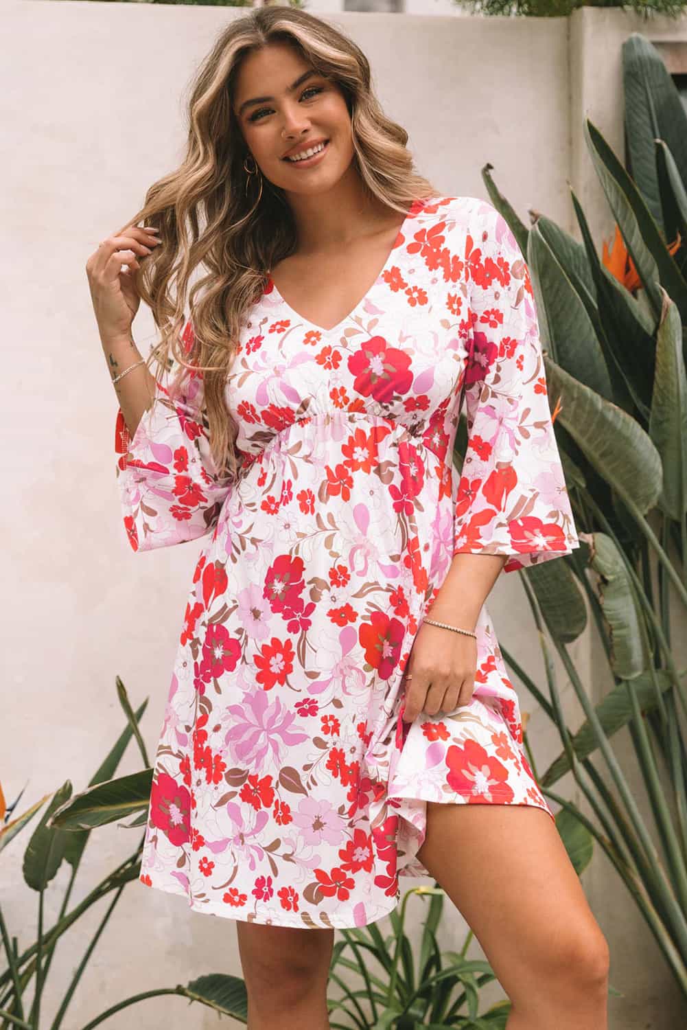White V Neck 3/4 Sleeve Floral Dress