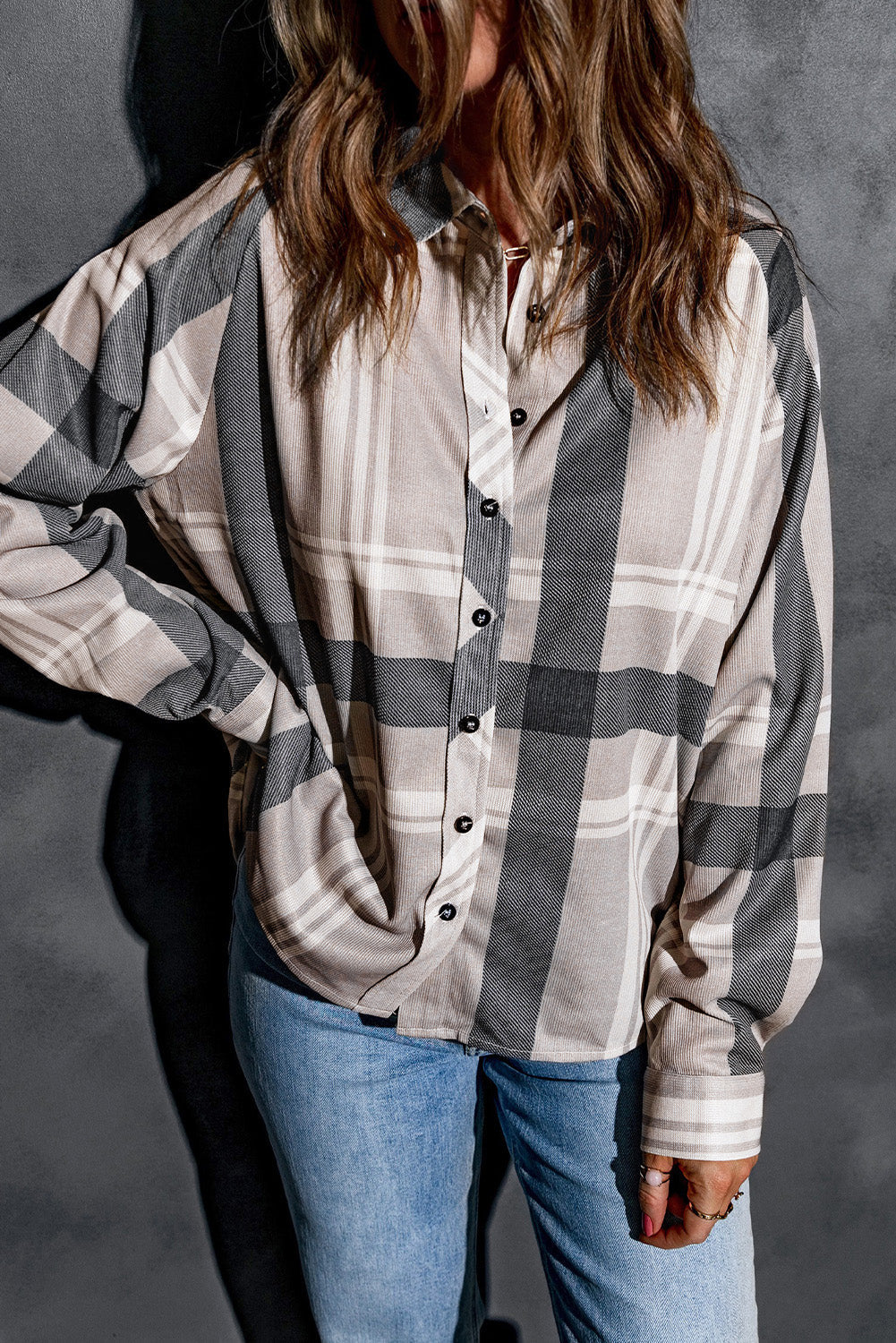 Khaki High Low Brushed Plaid Oversize Shacket