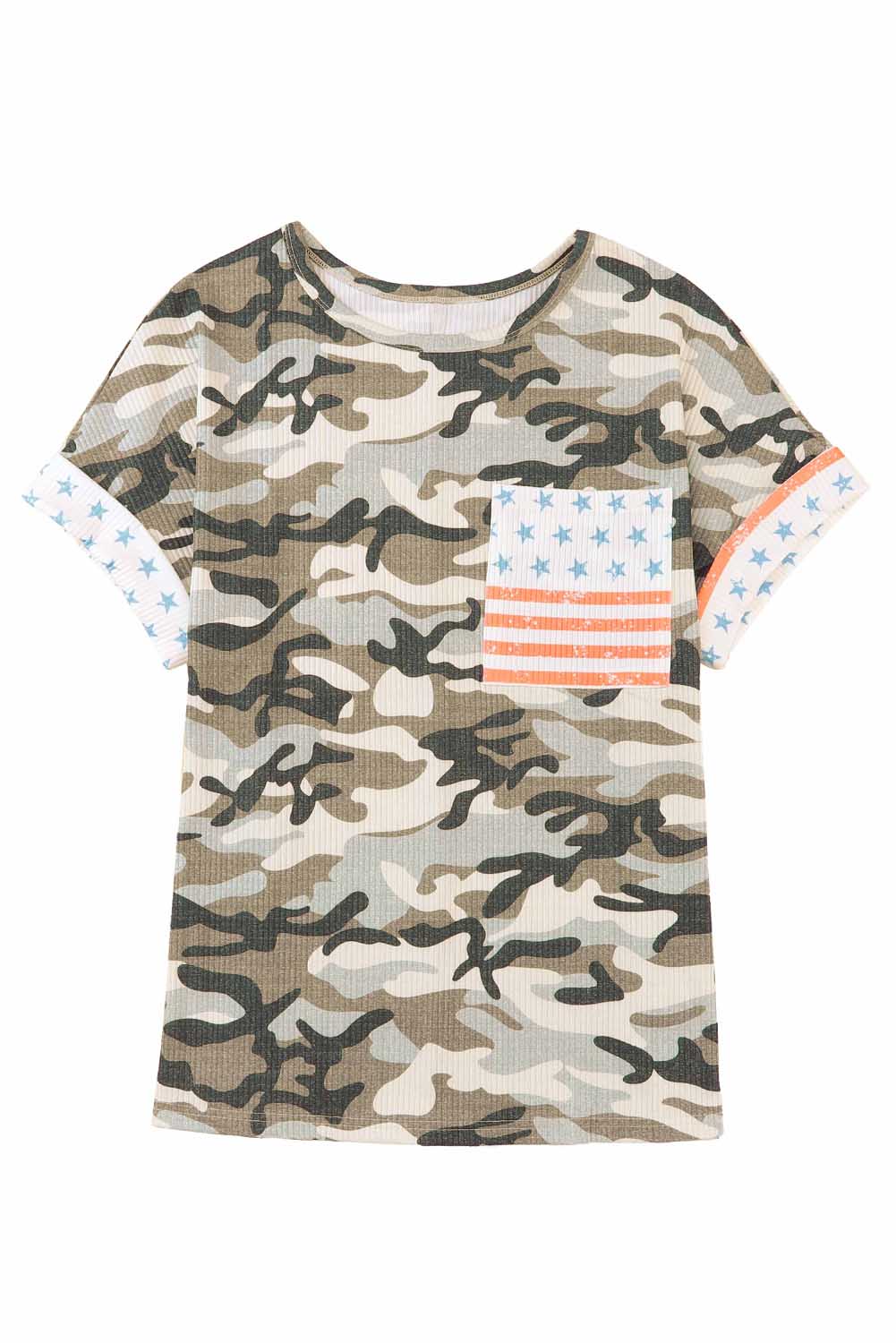 Green Flag Pocket Ribbed Camo Print T-shirt