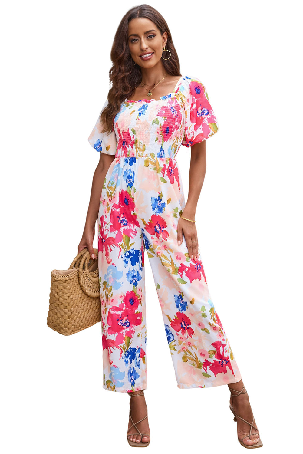 Multicolor Floral Print Smocked Puff Sleeve Jumpsuit