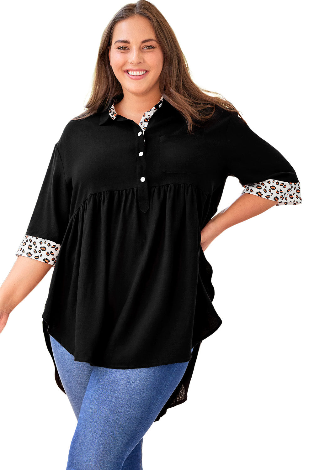 Black Plus Size Leopard Trim Frayed Babydoll Top