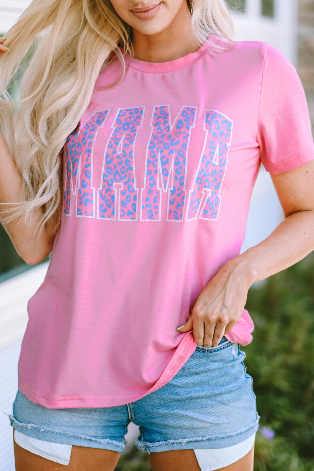 Pink MAMA Leopard Print O-neck Graphic T Shirt