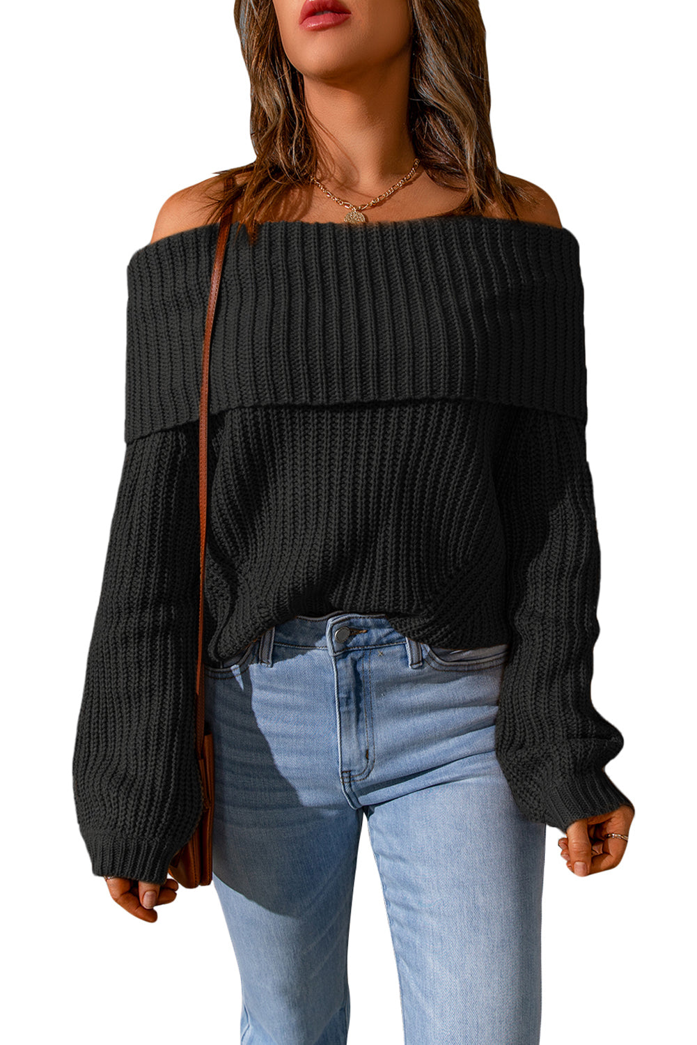 Brown Ribbed Knit Off Shoulder Sweater