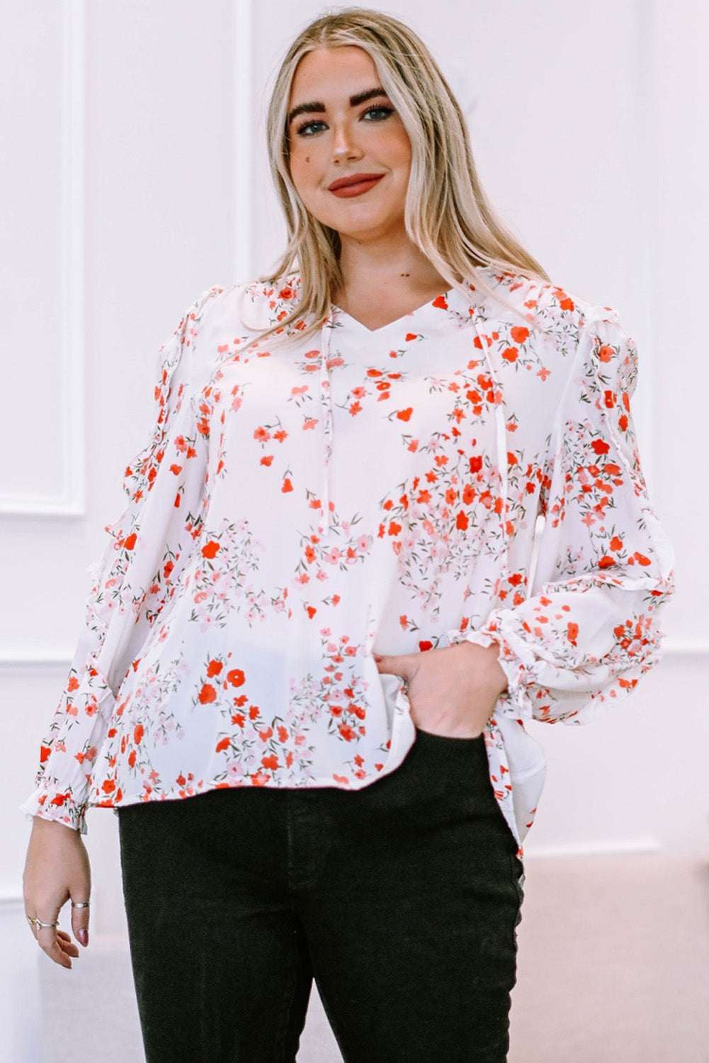 White Split V Neck Floral Plus Size Blouse with Ruffles