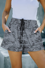 Gray Camouflage Drawstring Casual Elastic Waist Pocketed Shorts