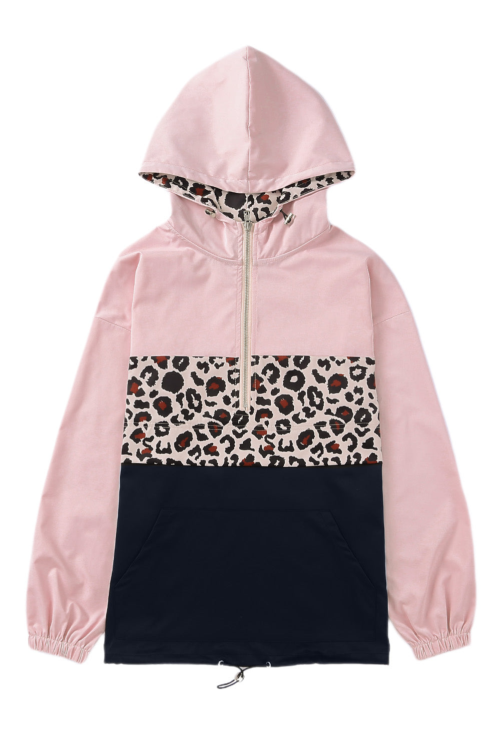 Black Leopard Patchwork Half Zip Pocketed Pullover Hoodie