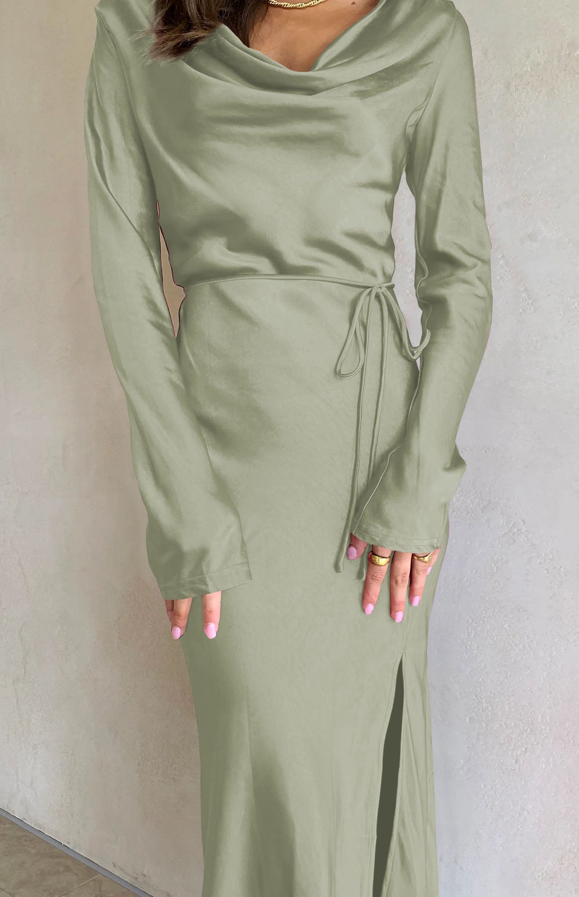 Black Drape Neck Tie Waist Long Sleeve Slit Dress