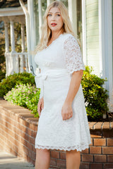 White Scalloped Lace Wrap V Neck Plus Size Dress