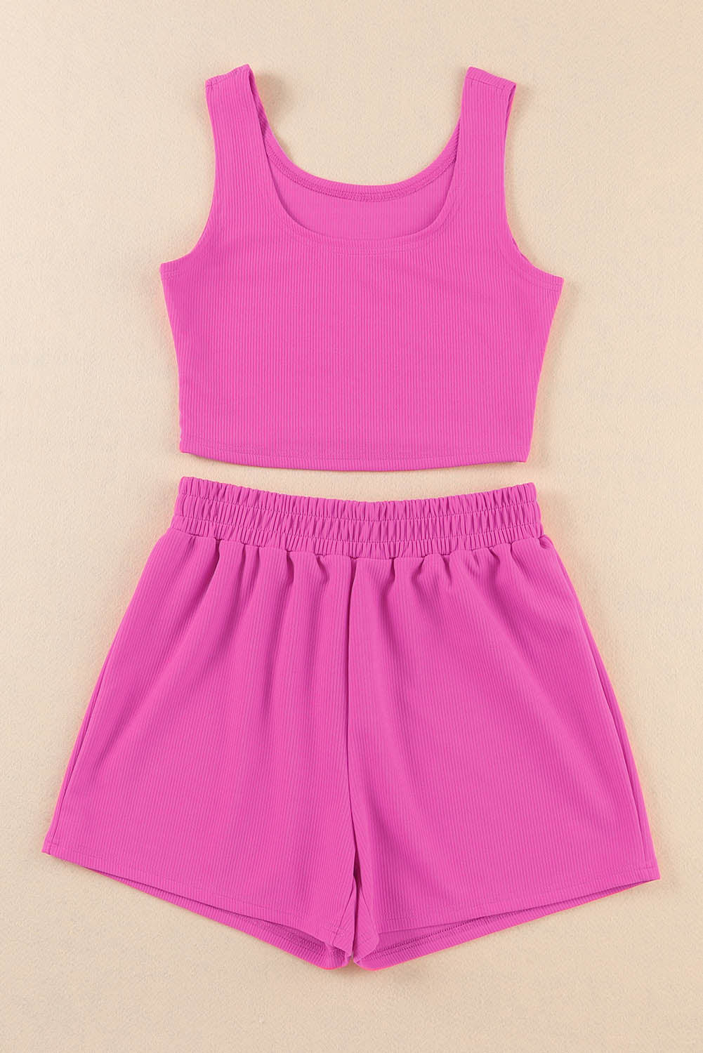 Rose Rib Knitted Sleeveless Crop Top and Elastic Waist Shorts Set