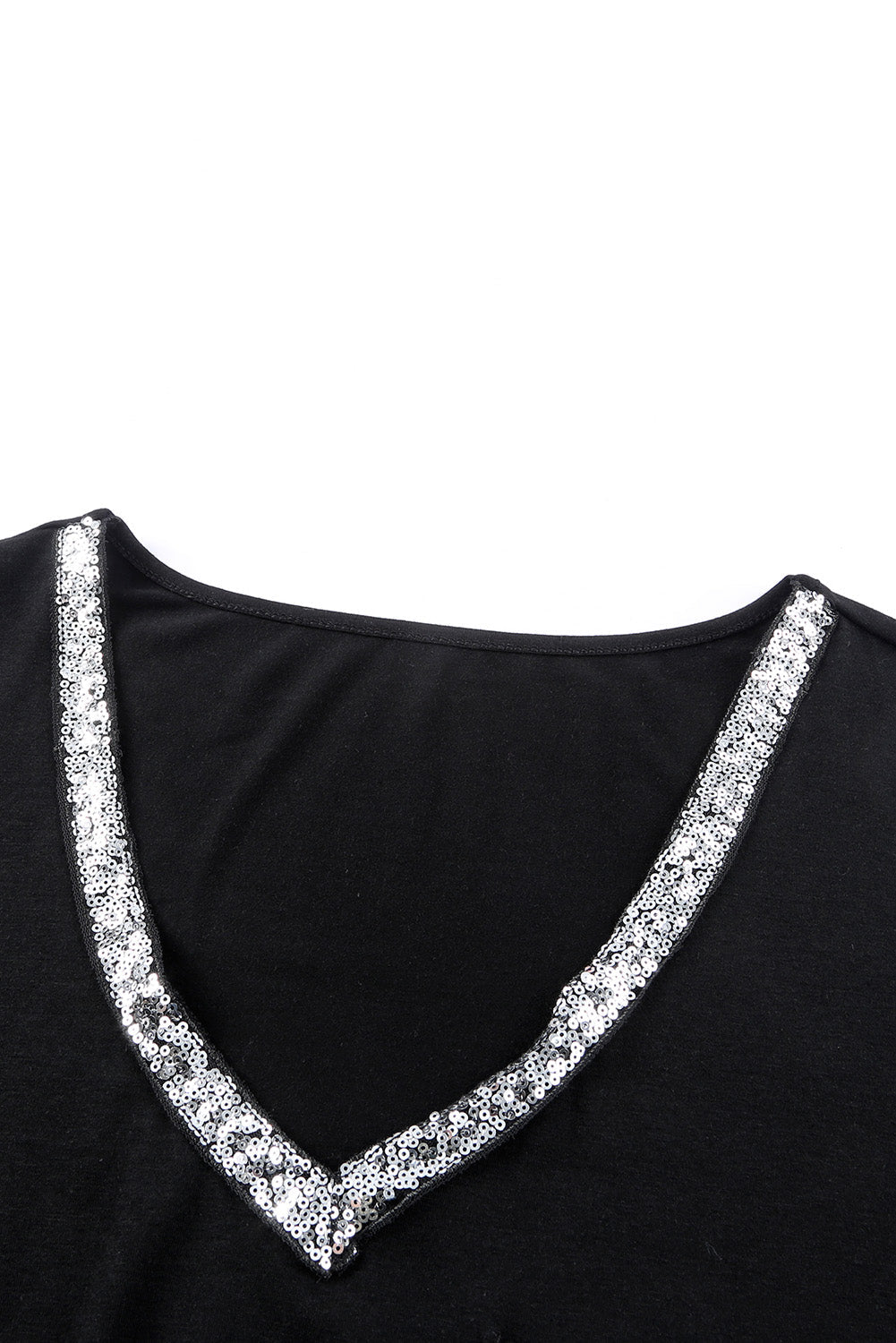 Black Sequin Trim V Neck Chest Pocket Plus Size Tee