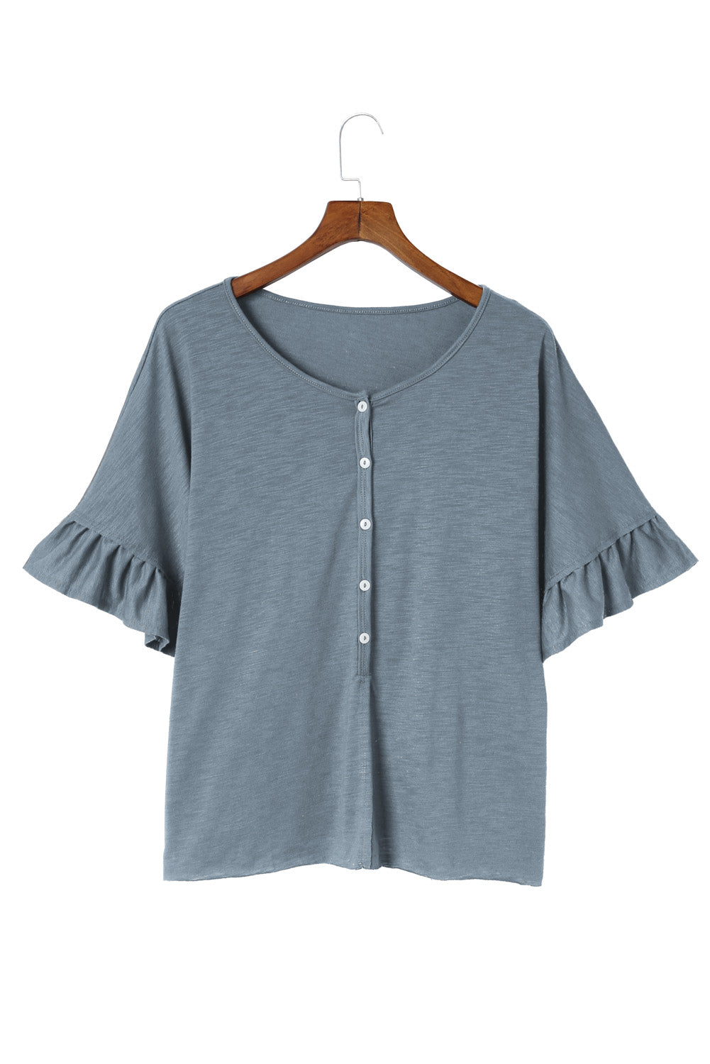 Gray Ruffled Half Sleeve Buttoned Loose T Shirt