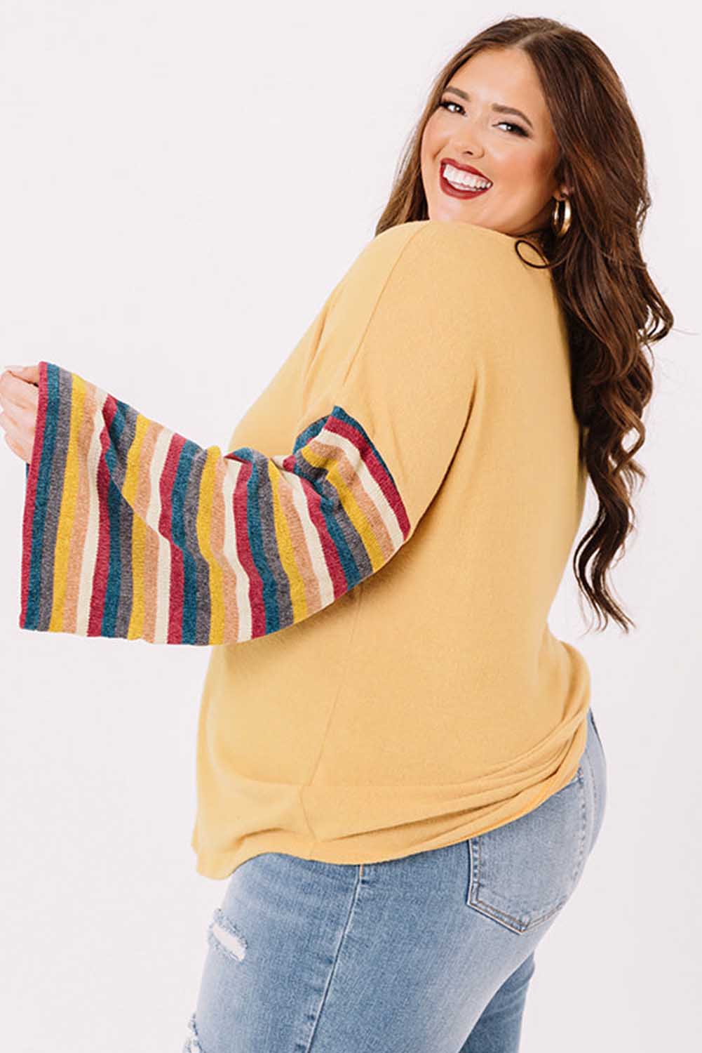 Yellow Serape Striped Bell Sleeve Plus Size Top