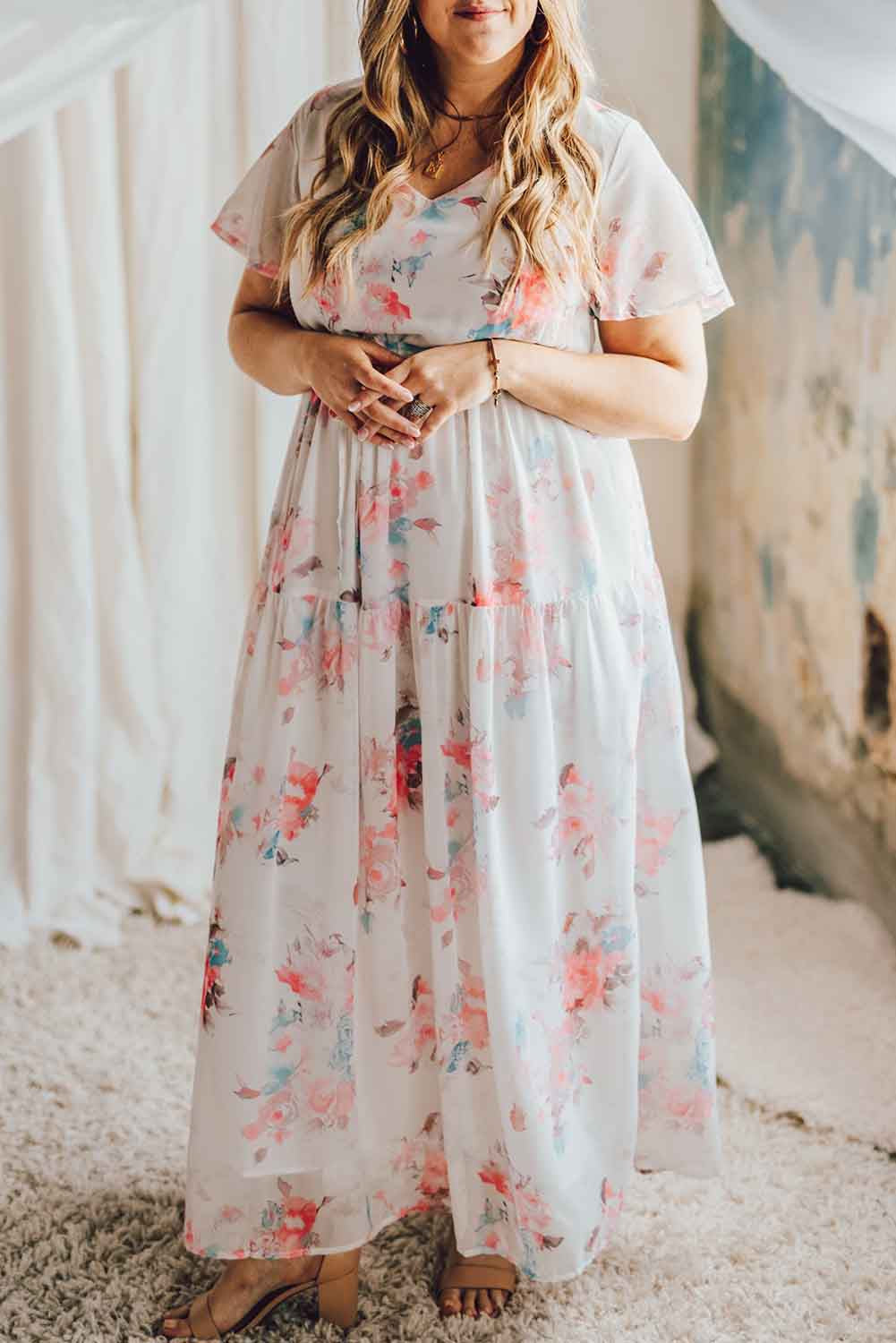 White V Neck Short Sleeves Floral Print Maxi Dress