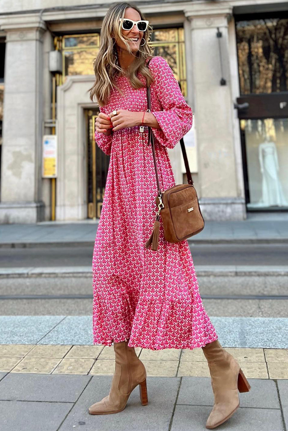Rose Printed Ruffled Hem Long Dress
