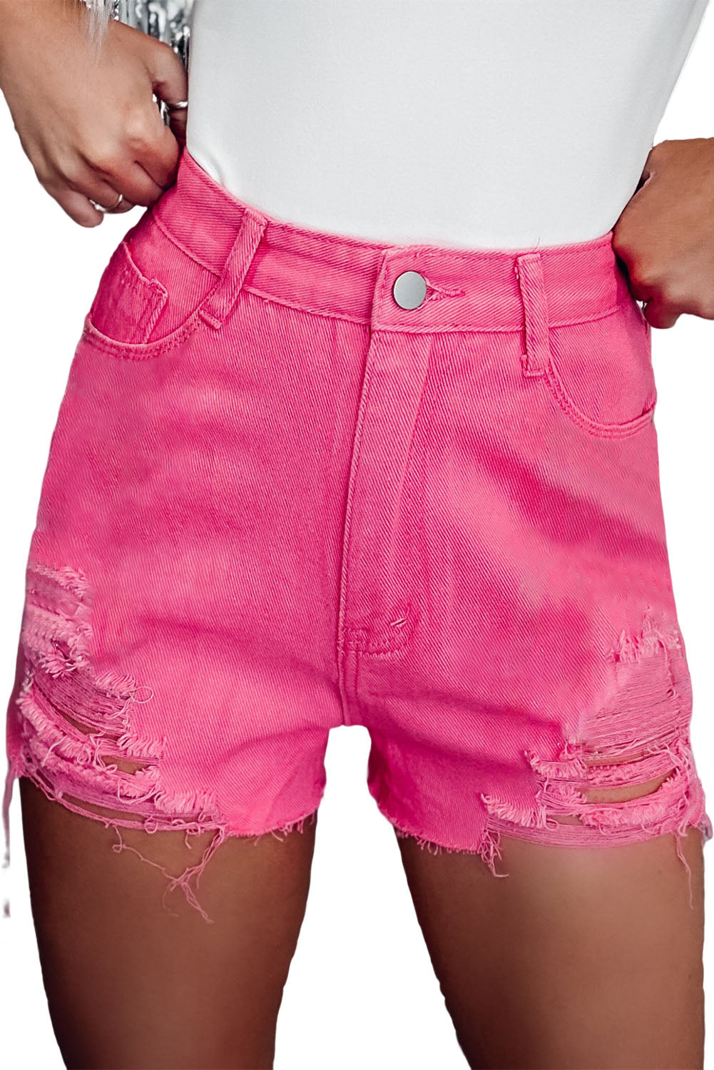 Rose Distressed Slim Fit High Waist Denim Shorts