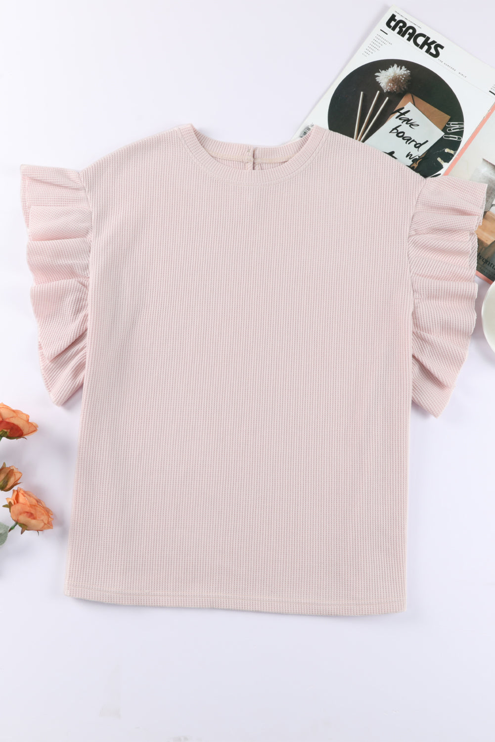 Pink Ruffle Sleeve Waffle Knit Top