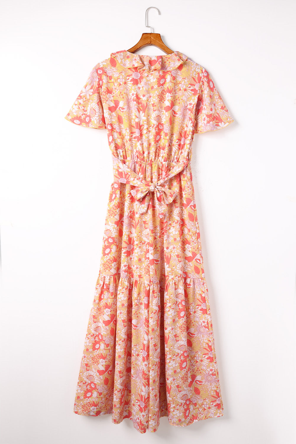 Orange Floral Print Ruffled V Neck High Waist Jumpsuit