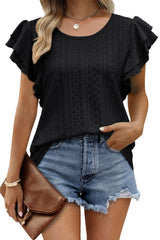 Black Rhombus Textured Ruffle Short Sleeve Blouse