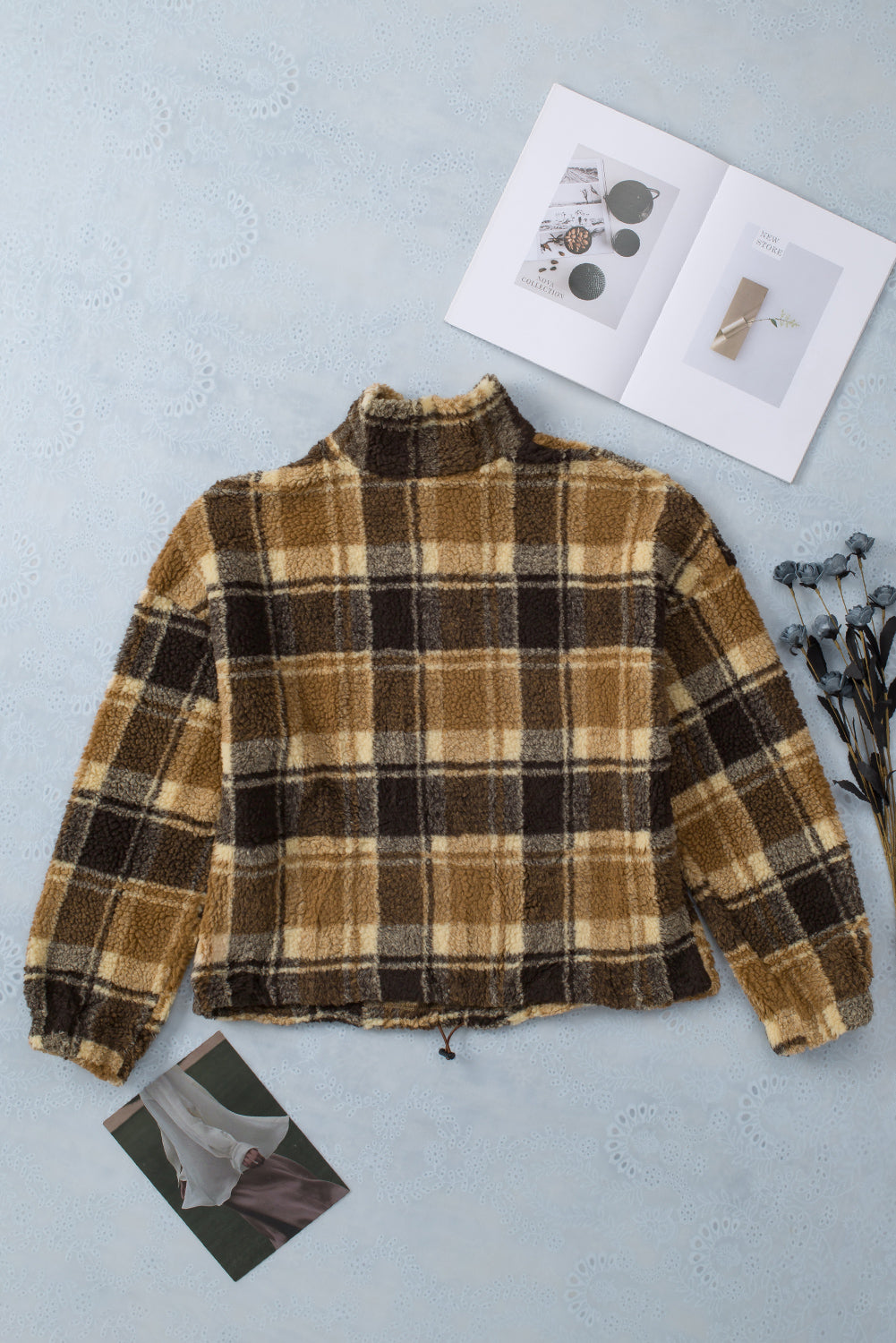 Brown Zip Collar Plaid Pattern Fleece Sweatshirt